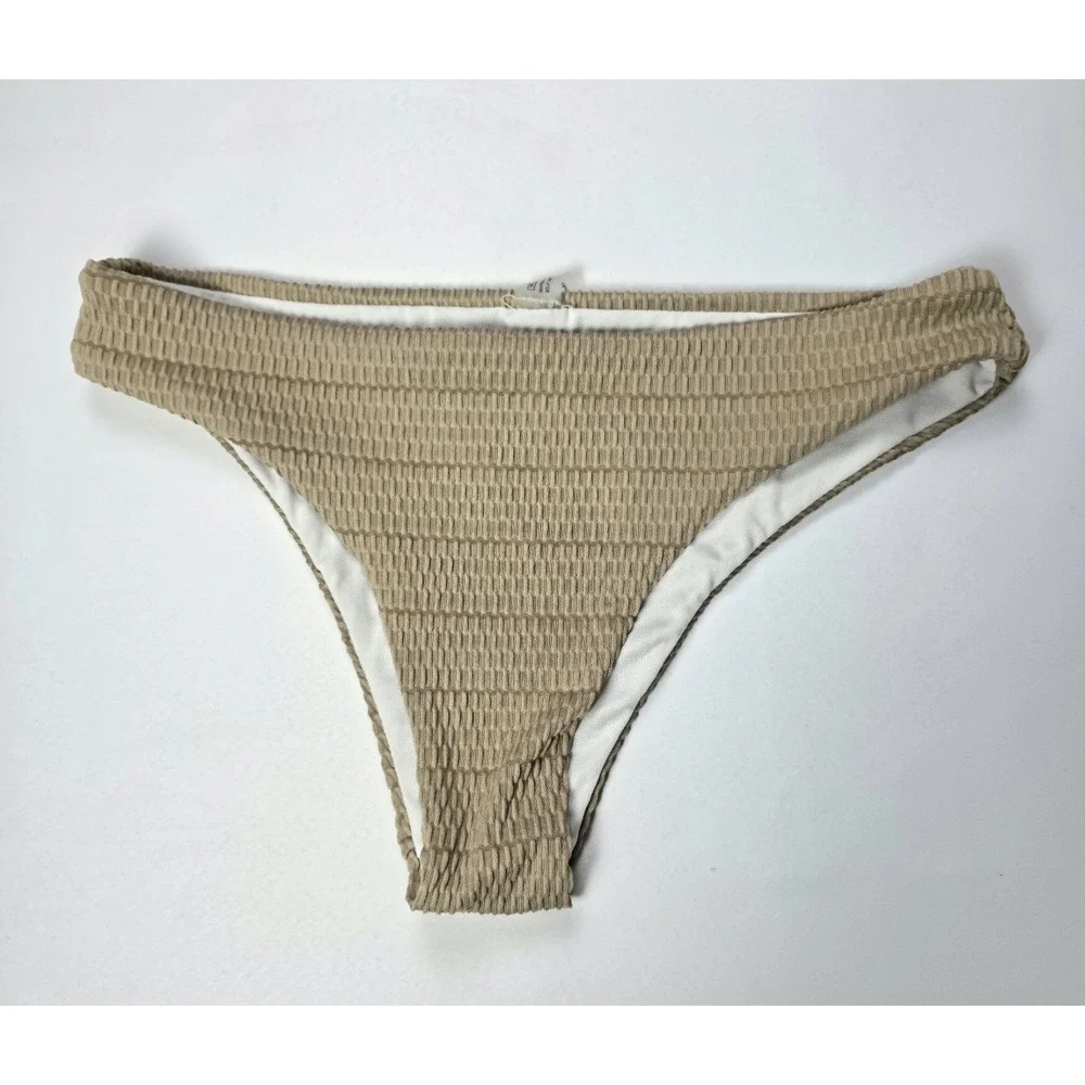 Beige Textured Bikini Set Size M Womens Triangle Top High Cut Bottom Stretch...
